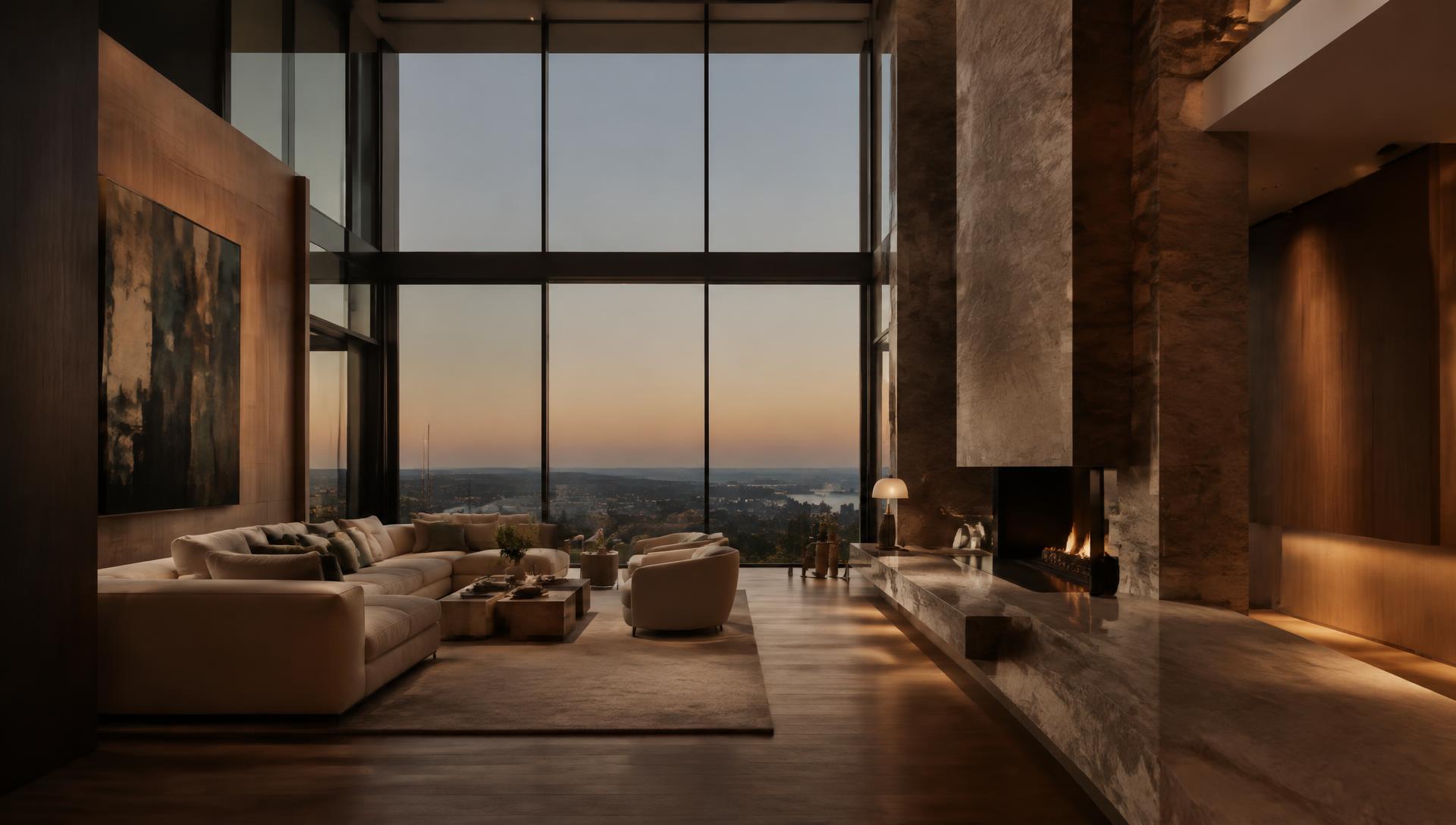 Double-height living room with stone fireplace at dusk